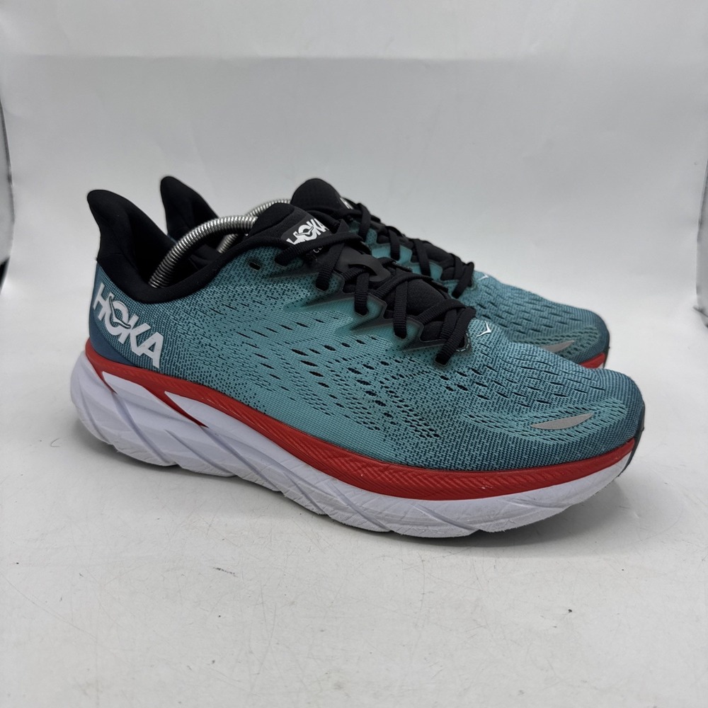 HOKA ONE ONE Clifton 8 Running Shoes Mens 10 D Blue Teal Red Cushion